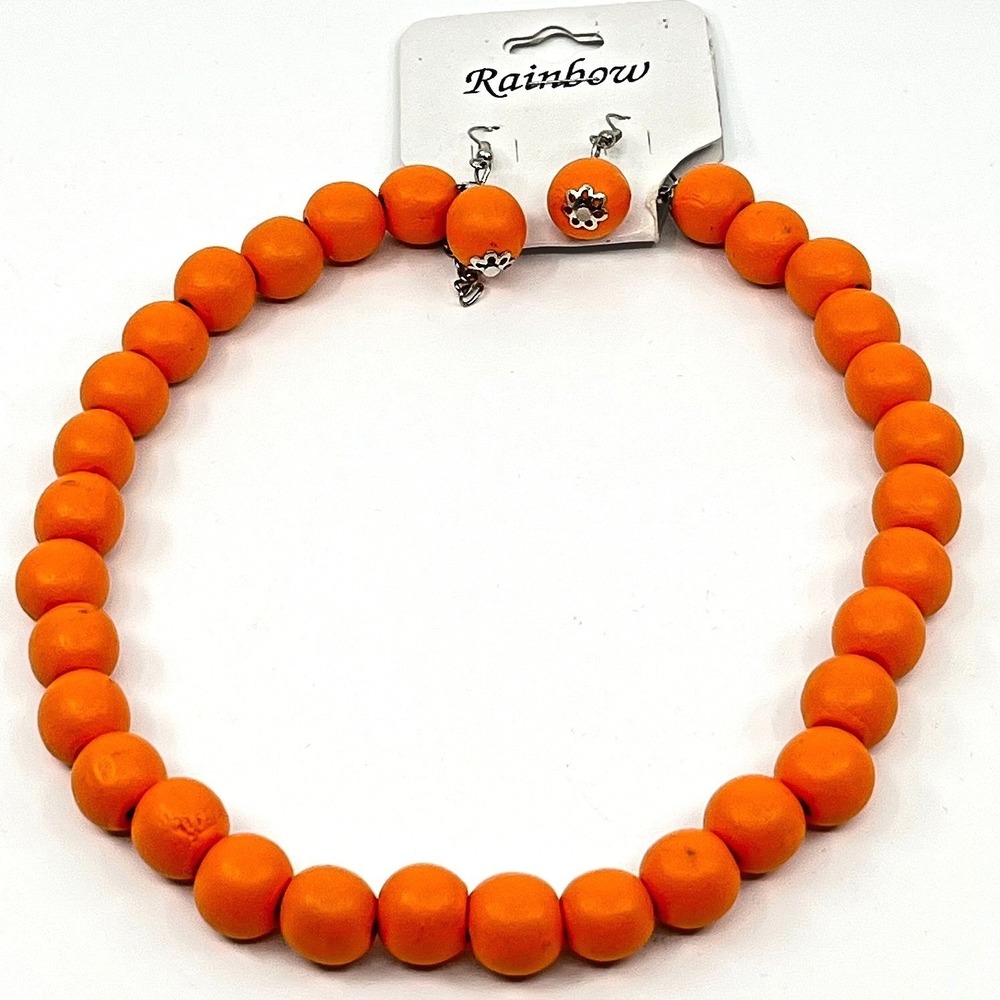 VTG Rainbow Boho Retro Vibrant Orange Chunky Wooden Bead Necklace & Earring Set